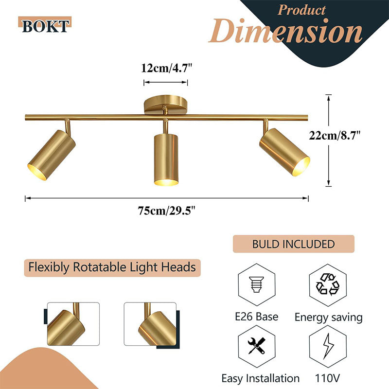 BOKT Brushed Brass Gold 3-Lights LED Adjustable Track Lighting